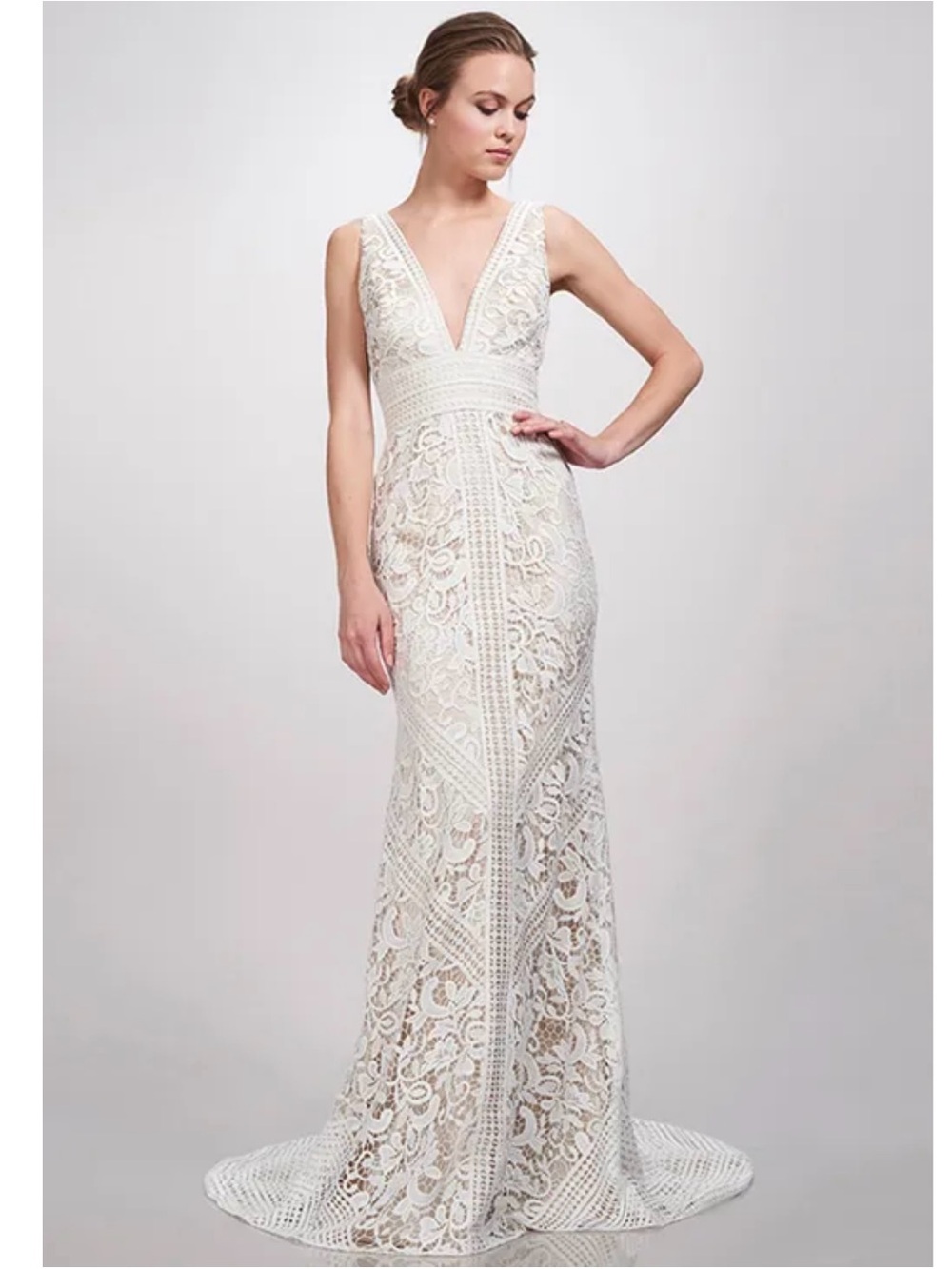 Theia Ivory Lace Deep V Wedding Gown
